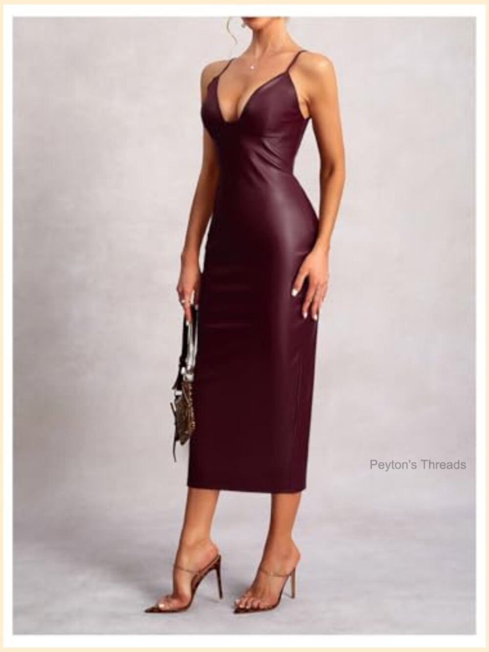 Sleeveless V-Neck Deep V Tie Back Leather Midi Dress for Party - Picture 3 of 6